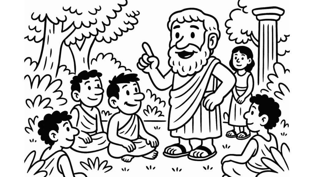 Épicure, philosophe grec antique enseignant sa sagesse à des élèves en tuniques dans un jardin luxuriant, illustration style BD en noir et blanc