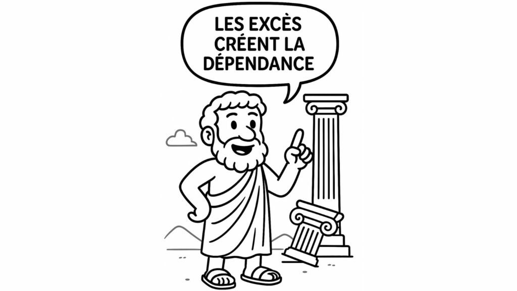 Épicure, philosophe grec cartoon expliquant que les excès créent la dépendance devant des colonnes antiques – enseignement épicurien simplifié