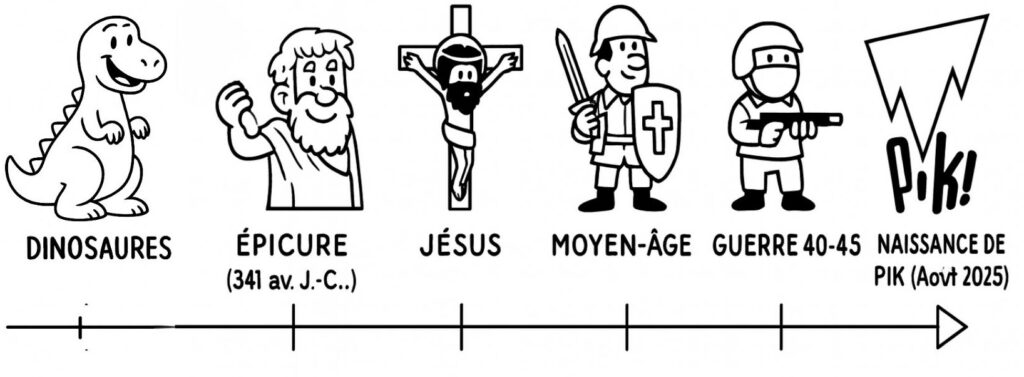 Frise chronologique illustrée situant l’épicurisme entre Cro-Magnon, Jésus, le Moyen Âge, la guerre 40-45 et la naissance de Pik!