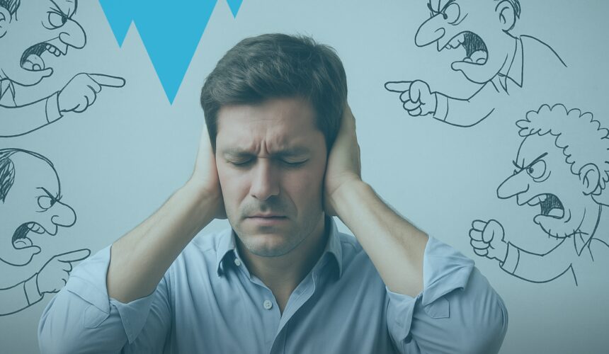 Homme qui se bouche les oreilles face à des petits personnages dessinés qui le critiquent, symbolisant le critique intérieur