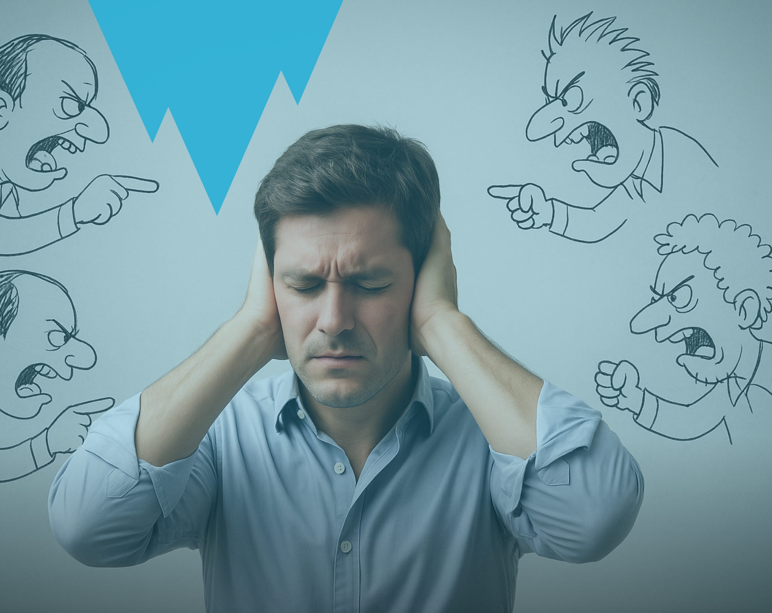 Homme qui se bouche les oreilles face à des petits personnages dessinés qui le critiquent, symbolisant le critique intérieur