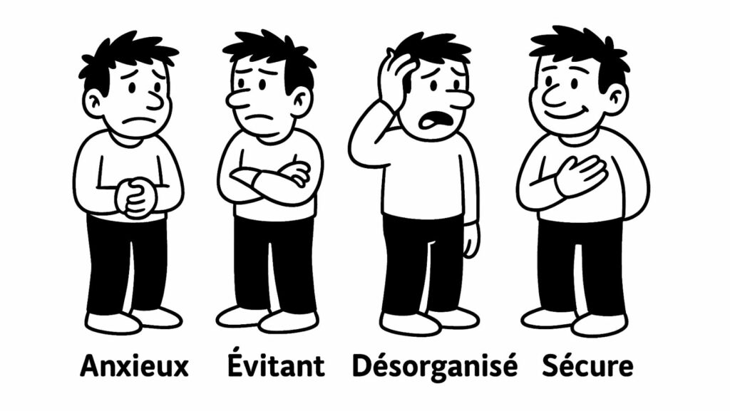 Quatre personnages en style BD représentant les styles d’attachement anxieux, évitant, désorganisé et sécure