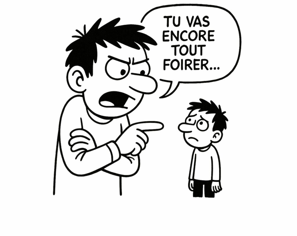 Illustration BD en noir et blanc montrant un petit personnage qui critique un personnage plus grand en lui disant Tu vas encore tout foirer, symbolisant le critique intérieur