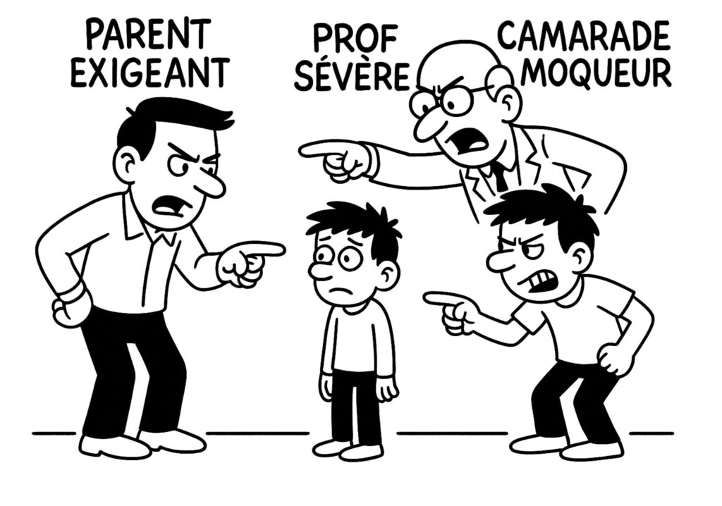 Illustration BD en noir et blanc montrant un enfant entouré d’un parent exigeant, d’un prof sévère et d’un camarade moqueur qui le critiquent, symbolisant l’origine du critique intérieur
