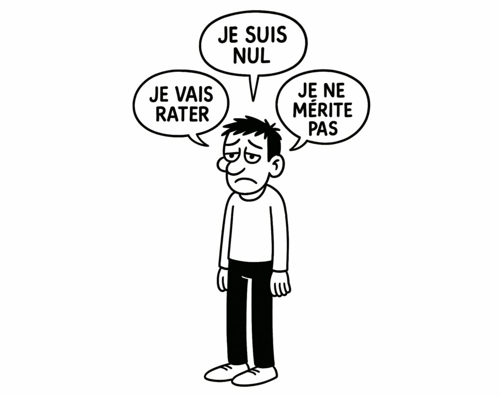 Illustration BD en noir et blanc montrant un personnage adulte entouré de bulles de pensées négatives Je suis nul, Je vais rater, Je ne mérite pas, symbolisant les pensées automatiques du critique intérieur