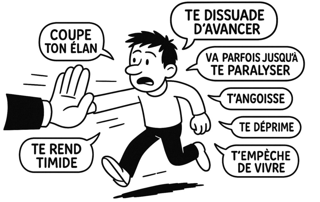 Illustration BD en noir et blanc montrant un personnage stoppé par une grande main entouré de bulles indiquant coupe ton élan te dissuade d’avancer te paralyse t’angoisse te déprime et t’empêche de vivre