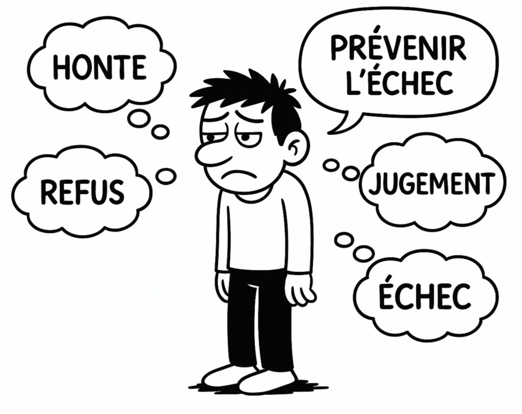 personnage entouré de bulles pensées honte refus jugement et échec symbolisant le mécanisme protecteur du critique intérieur