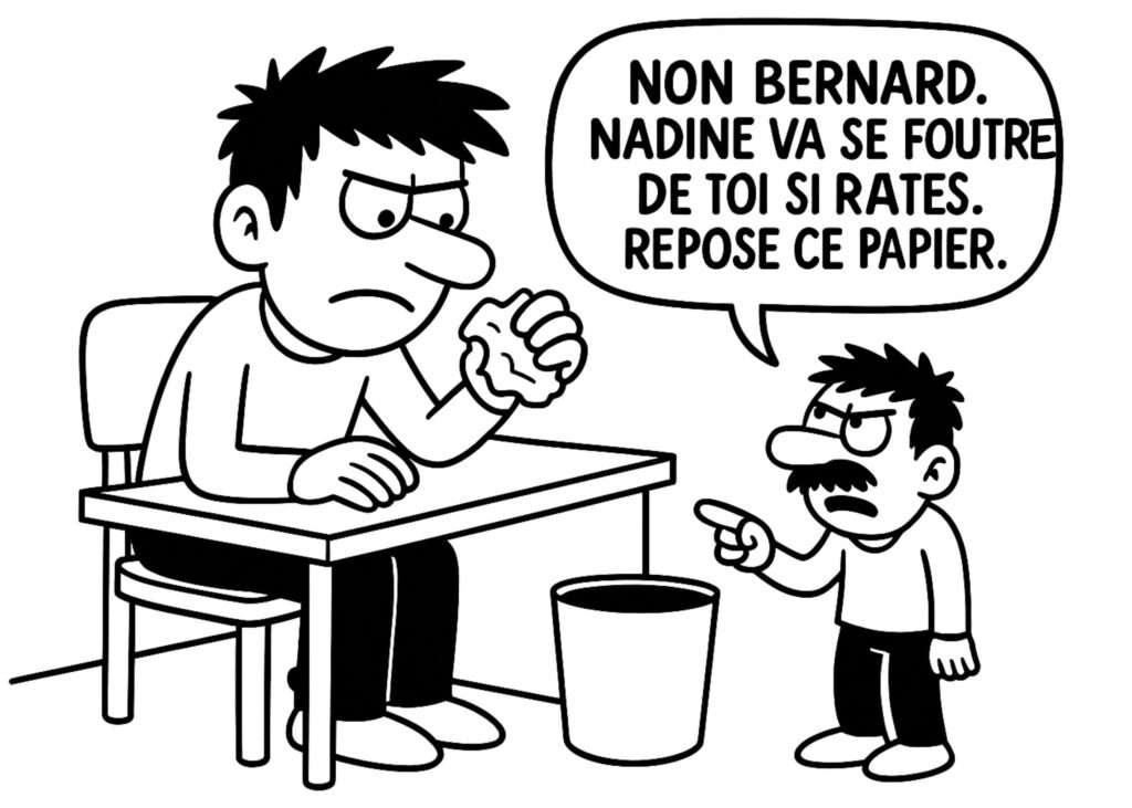 Illustration BD en noir et blanc montrant un homme face à son critique intérieur, un petit personnage agressif qui lui dit de ne rien tenter, symbolisant la voix négative, le manque de confiance en soi et les pensées limitantes