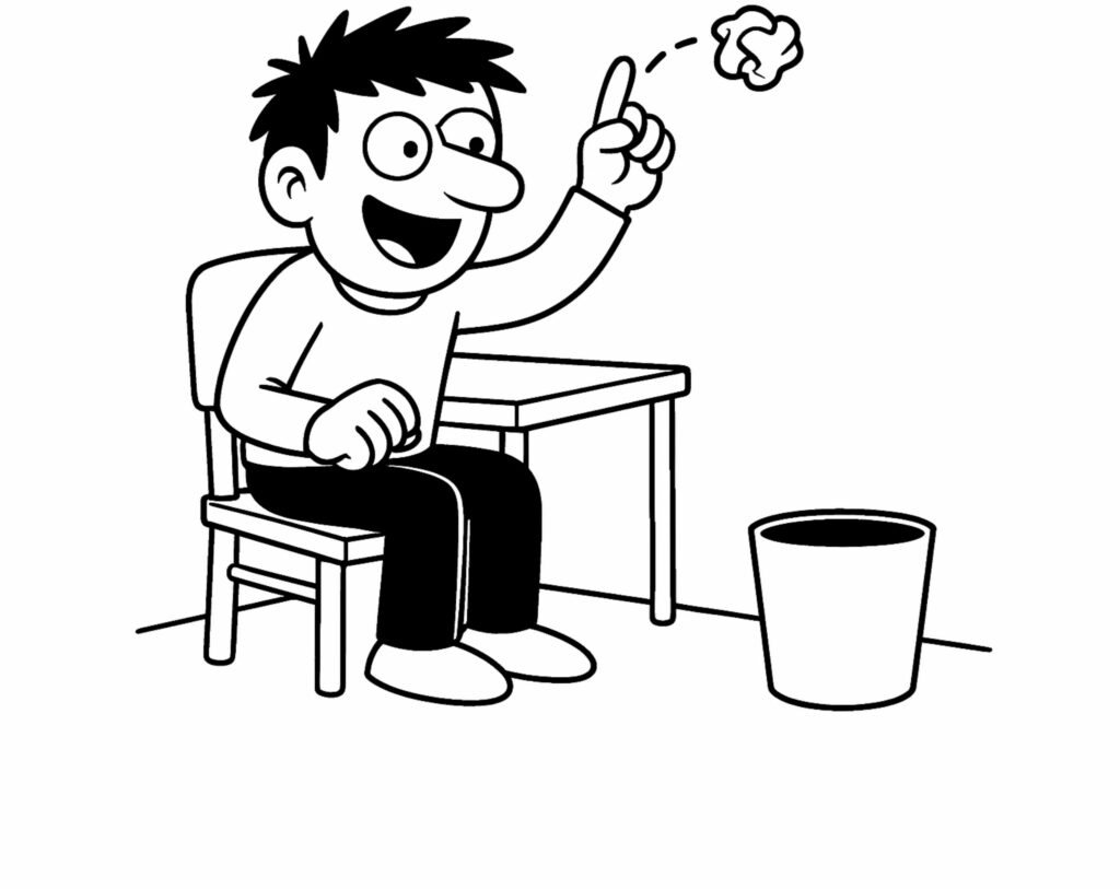 llustration BD en noir et blanc montrant Bernard souriant en lançant une boulette de papier qui atterrit dans la poubelle, symbolisant la victoire sur son critique intérieur et le retour de la confiance en soi