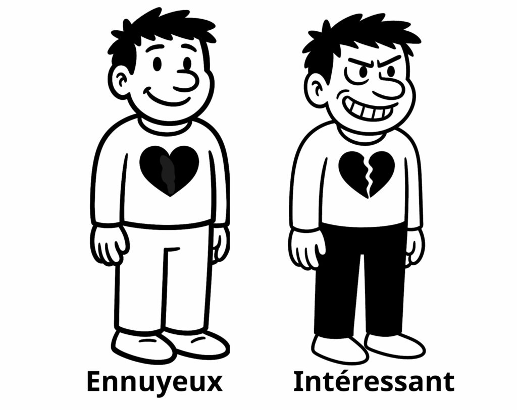 Illustration montrant un homme perçu comme ennuyeux et un homme perçu comme intéressant, pour expliquer pourquoi je choisis toujours le mauvais mec