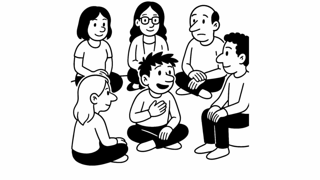 Groupe en cercle avec un personnage qui participe à une constellation pour analyser ses relations et qui dit "je répète toujours les mêmes erreurs"