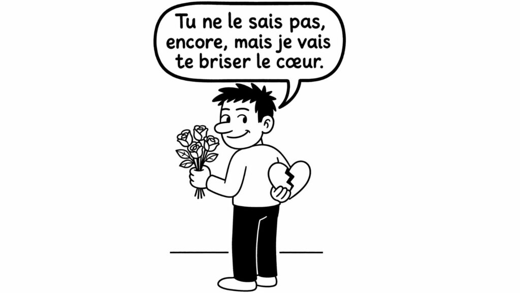 "Pourquoi je choisis toujours le mauvais mec ?" Personnage qui cache un cœur brisé derrière son dos tout en offrant des fleurs, symbole d’un comportement toxique en relation