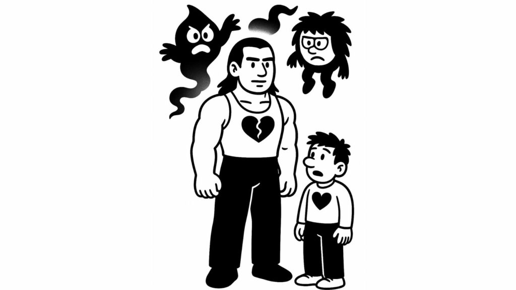 Sama représenté comme un personnage musclé entouré de créatures symbolisant peur, doute et exigence, face à son double plus vulnérable