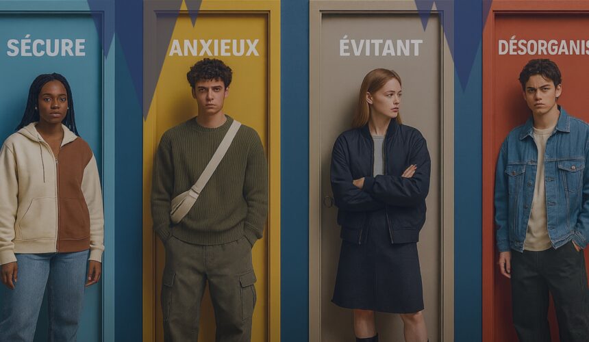 Quatre jeunes adultes devant quatre portes colorées indiquant les styles d’attachement sécure, anxieux, évitant et désorganisé. Quiz