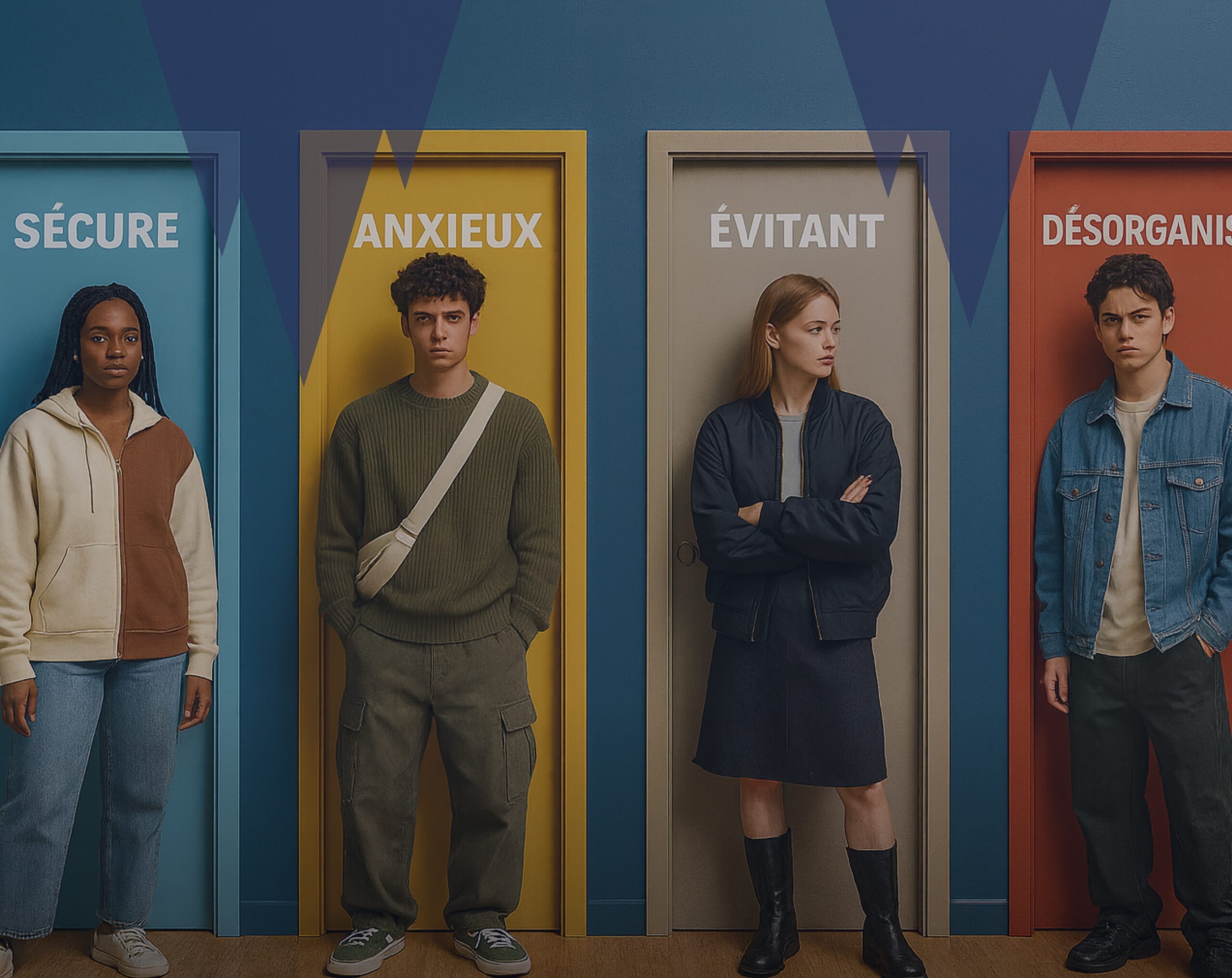 Quatre jeunes adultes devant quatre portes colorées indiquant les styles d’attachement sécure, anxieux, évitant et désorganisé. Quiz