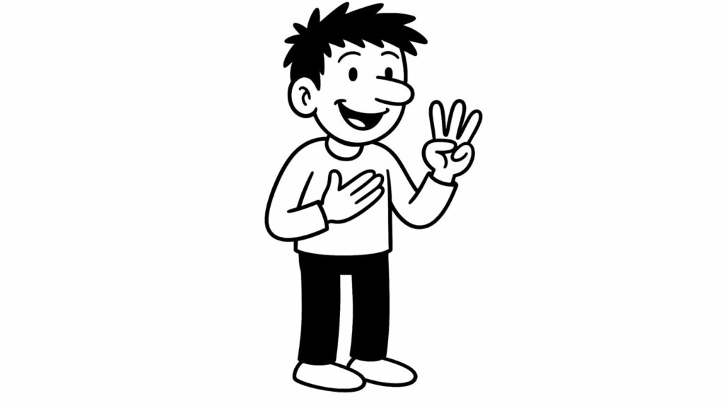 Un personnage de bd montre le chiffre trois avec ses doigts pour représenter les trois outils pour analyser ses relations actuelles et passées.