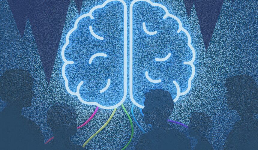 Cerveau lumineux connecté à des silhouettes pour analyser ses relations et comprendre ses schémas émotionnels