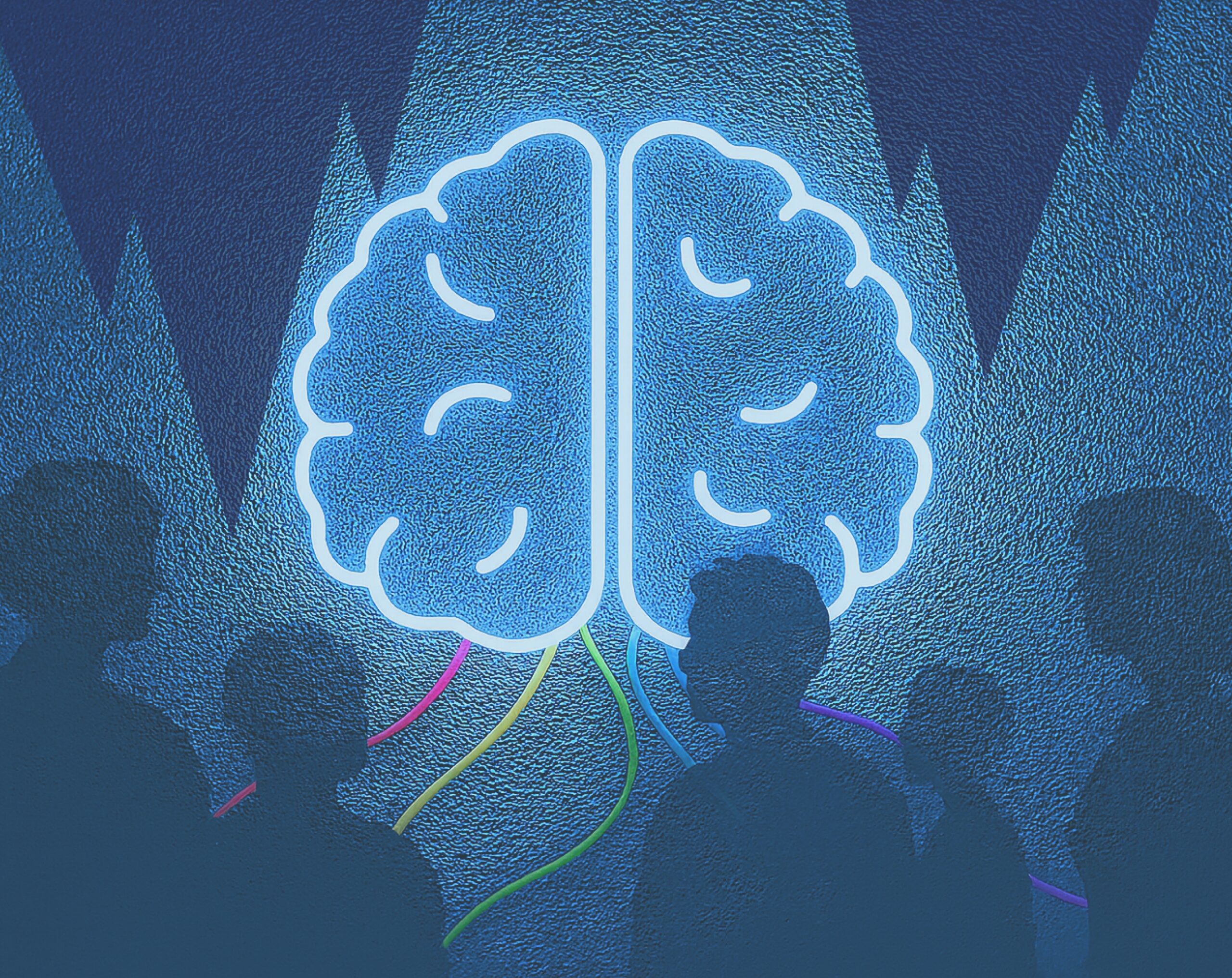 Cerveau lumineux connecté à des silhouettes pour analyser ses relations et comprendre ses schémas émotionnels