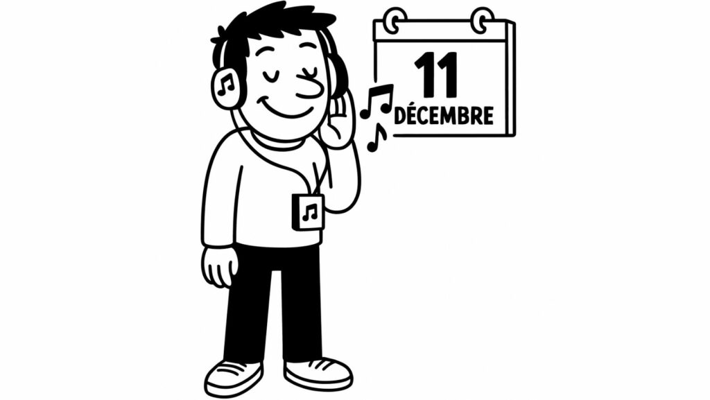 Alt = Personnage écoutant de la musique apaisante le 11 décembre dans le cadre d’un calendrier de l’Avent introspectif et en développement personnel
