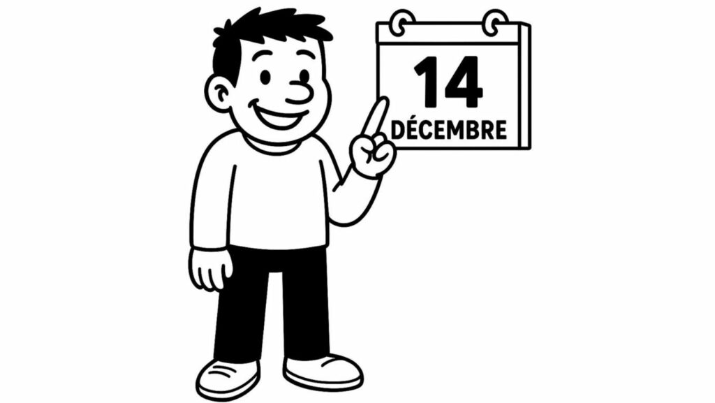 Calendrier de l’avent introspectif – illustration d’un personnage souriant indiquant le 14 décembre