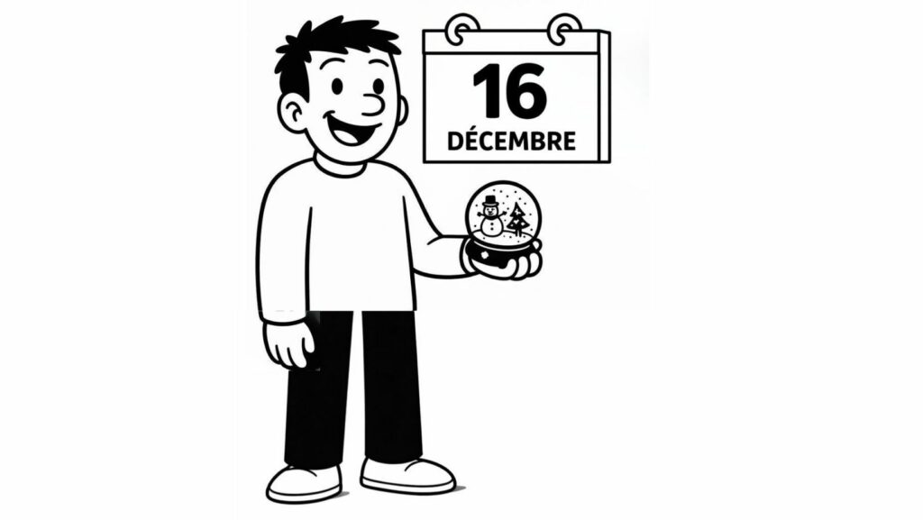 Calendrier de l’avent développement personnel : personnage illustré tenant une boule à neige et pointant le 16 décembre pour un rituel introspectif de Noël
