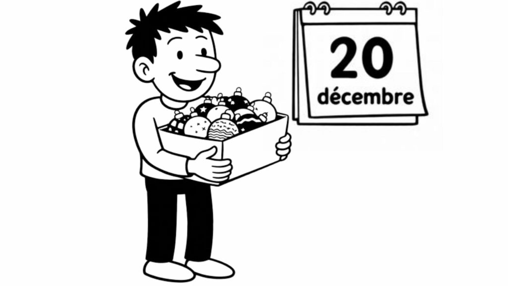 Illustration du calendrier de l’avent introspectif : un petit personnage souriant tient une boîte de boules de Noël devant un calendrier affichant le 20 décembre.