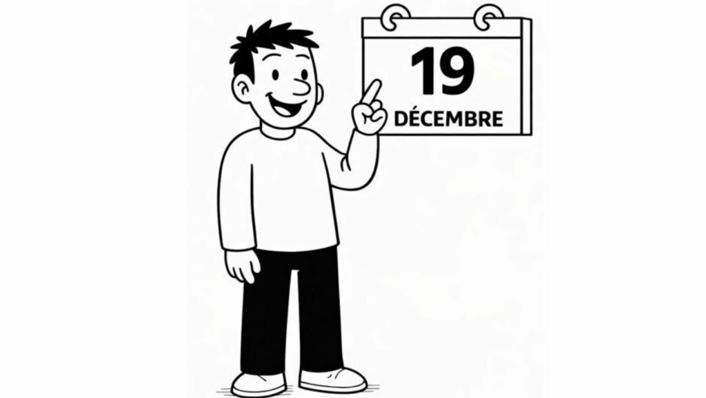 Illustration du calendrier de l’avent introspectif avec un personnage qui indique la date du 19 décembre, invitant à un exercice de développement personnel et d’introspection