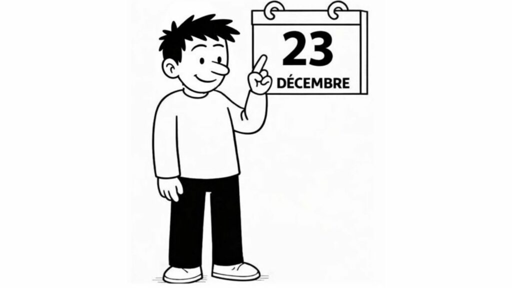 Illustration calendrier de l’avent introspectif : personnage indiquant le 23 décembre pour un défi de développement personnel