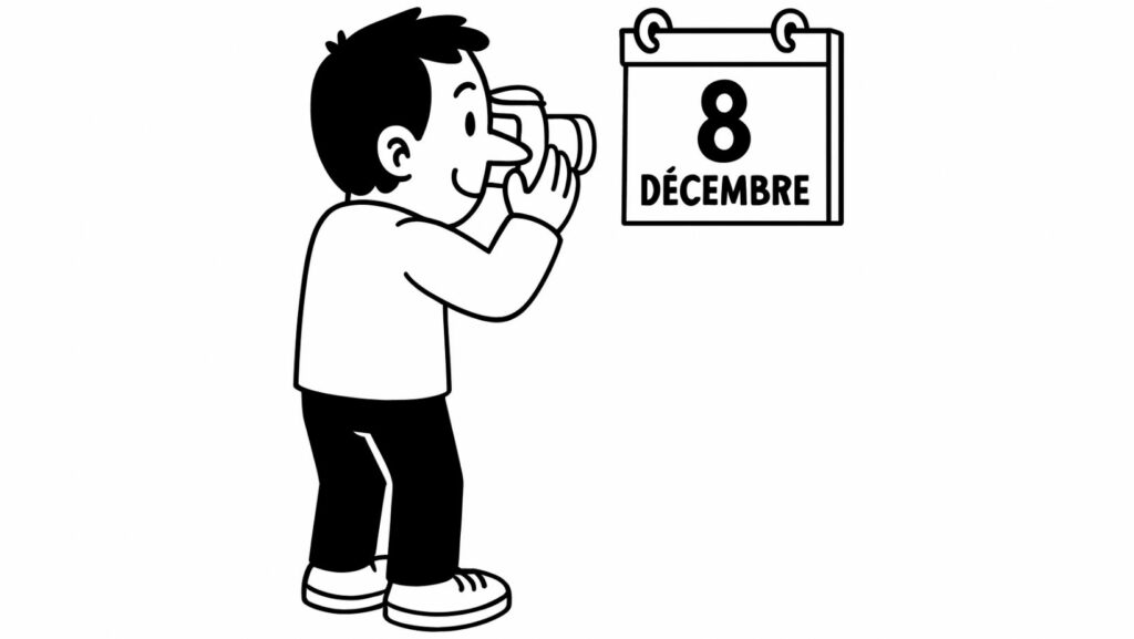 Illustration d’un personnage prenant en photo la case du 8 décembre dans un calendrier de l’avent développement personnel