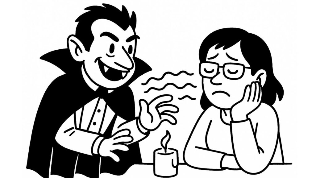 Illustration en noir et blanc d’un vampire énergétique épuisant une femme triste attablée, symbole des relations toxiques qui drainent l’énergie