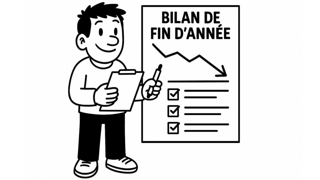Personnage souriant tenant un bilan de fin d’année, illustrant une activité du calendrier de l’avent introspectif et de développement personnel