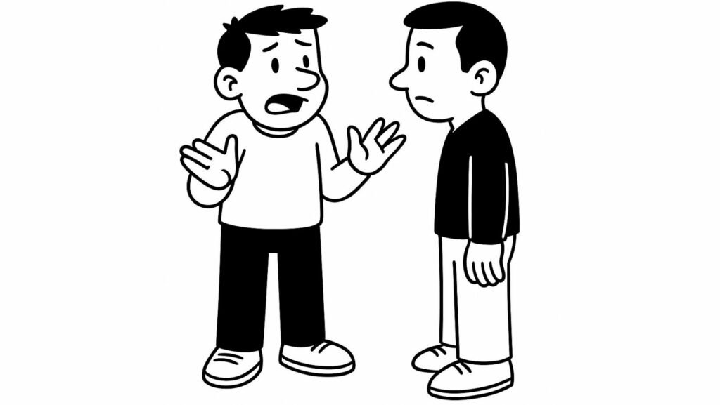 Calendrier de l’avent introspectif : personnage qui se justifie face à quelqu’un, illustrant la difficulté à poser ses limites