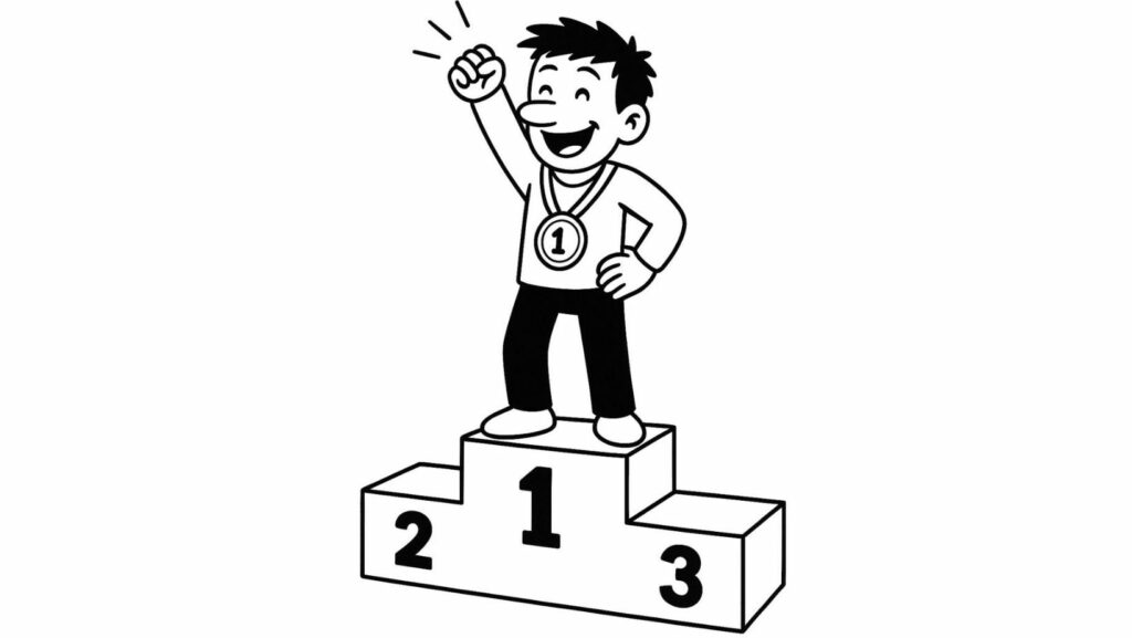 Illustration en noir et blanc d’un personnage de dessin animé célébrant une victoire, debout sur la première marche d’un podium avec une médaille d’or autour du cou. Jour 14 décembre d'un calendrier de l'Avent en développement personnel