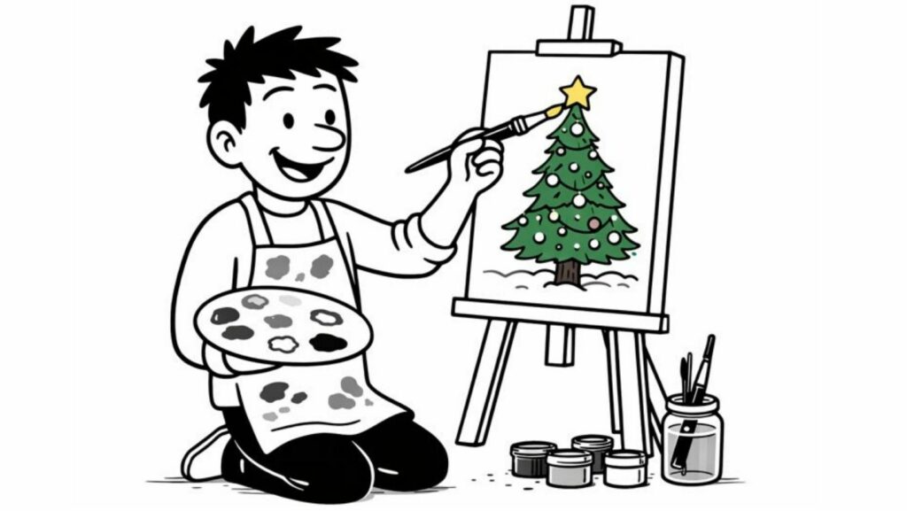 Illustration en noir et blanc d’un personnage ancré dans l’instant présent, peignant un sapin de Noël sur un chevalet dans le cadre d’un calendrier de l’avent de développement personnel.
