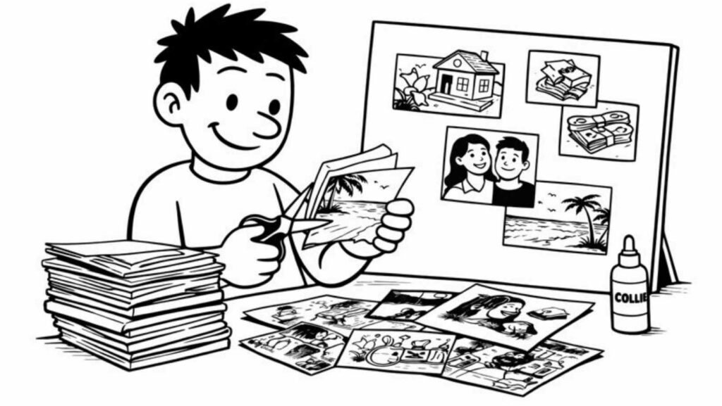 Calendrier de l’avent introspectif : personnage en train de créer un tableau de visualisation avec des magazines pour un projet de développement personnel