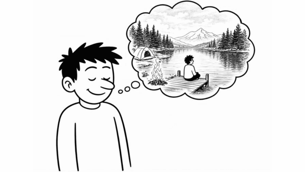 Calendrier de l’Avent développement personnel : personnage serein visualisant sa safe place pour cultiver la sérénité intérieure