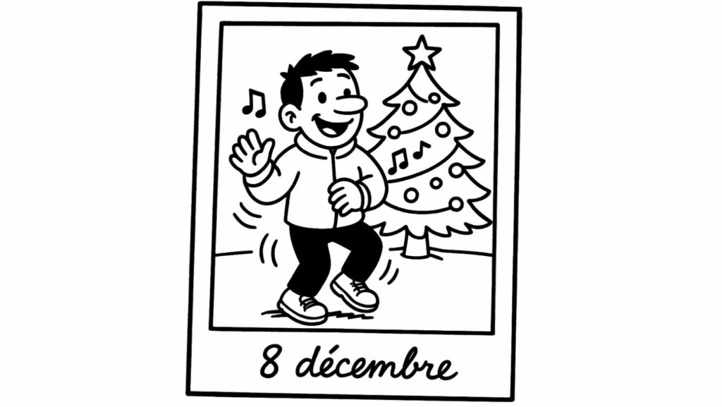 Petit personnage cartoon souriant tenant un appareil photo devant un sapin de Noël, illustration noir et blanc pour le défi introspectif du 8 décembre sur Pik!