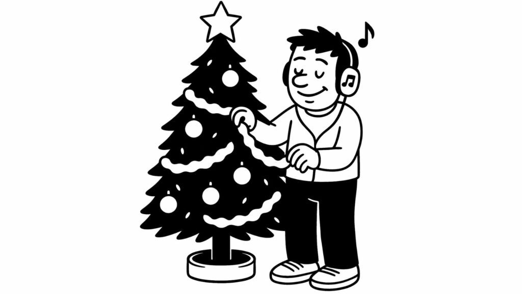 Petit personnage en pleine décoration de Noël, moment introspectif du calendrier de l'avent développement personnel