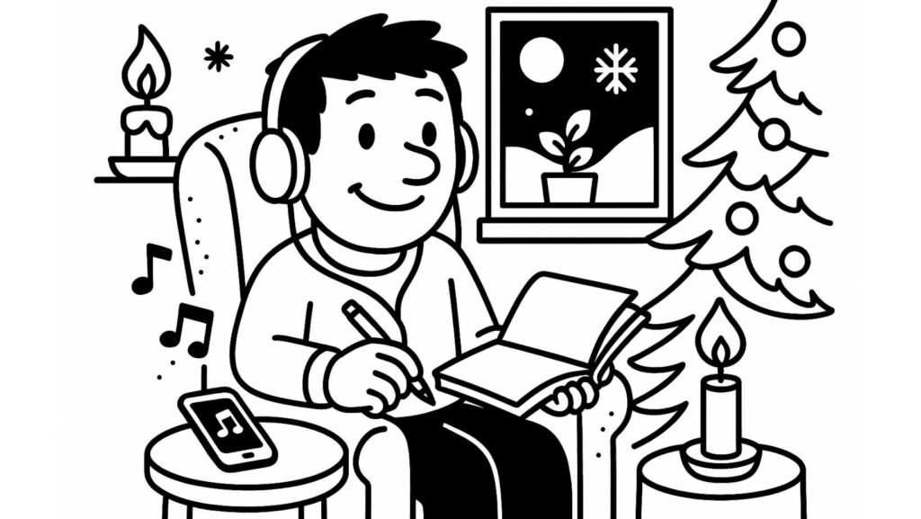 Personnage écoutant de la musique relaxante et écrivant dans un carnet dans une ambiance de Noël, activité d’un calendrier de l’Avent introspectif et de développement personnel