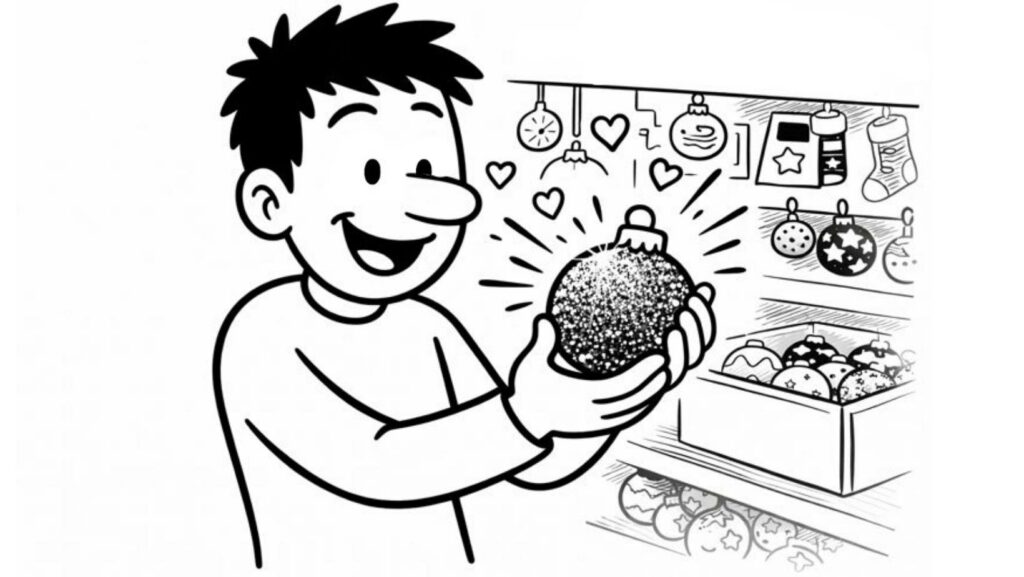 Petit personnage illustré choisissant une boule de Noël pour un calendrier de l’Avent