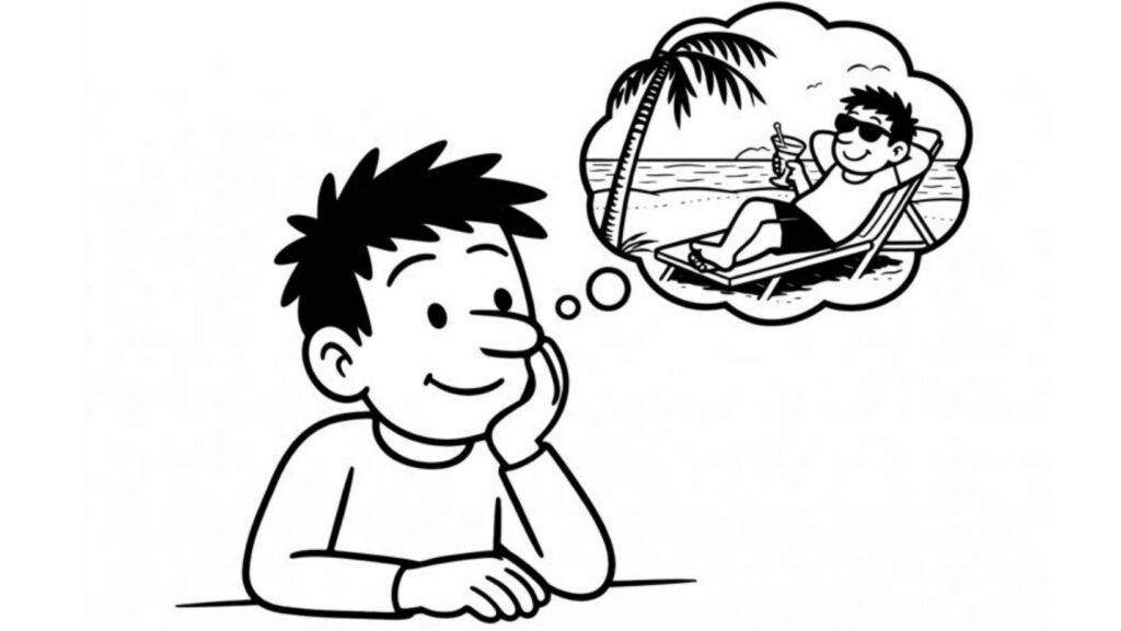 Petit personnage Pik! imaginant un plaisir qui lui tient à cœur, illustration sur la visualisation des désirs et le développement personnel dans un calendrier de l'Avent introspectif