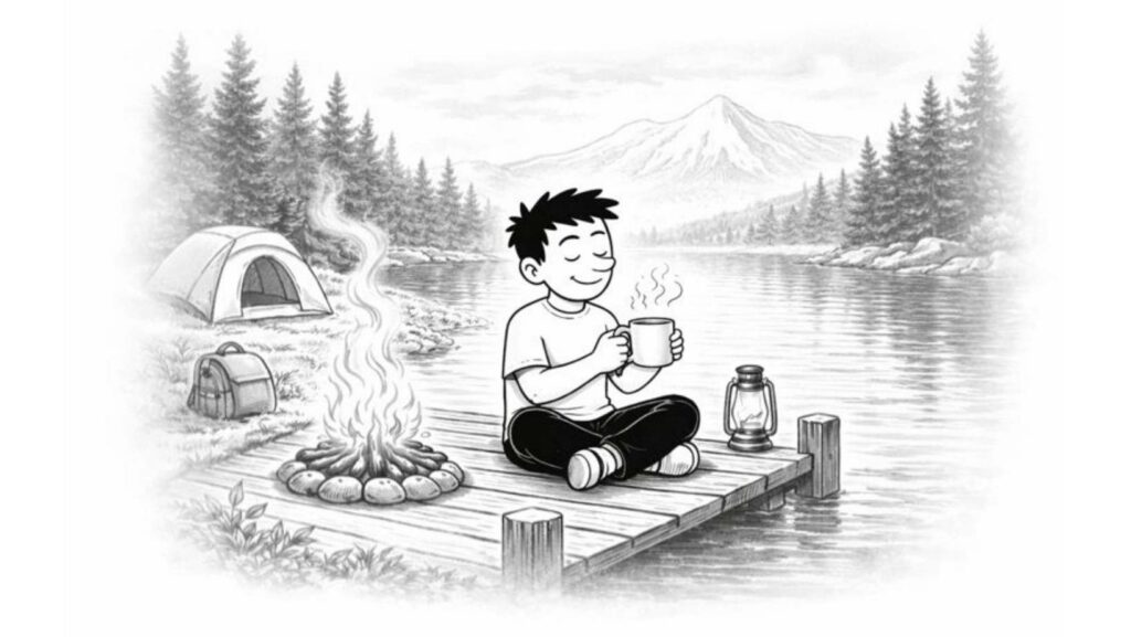 Illustration du calendrier de l’Avent en développement personnel montrant un personnage apaisé dans sa safe place, un refuge émotionnel pour cultiver la sérénité intérieure