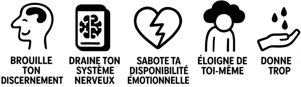 Illustration en noir et blanc montrant cinq icônes qui résument les effets d’une relation toxique : brouille ton discernement, draine ton système nerveux, sabote ta disponibilité émotionnelle, t’éloigne de toi-même et te pousse à trop donner.