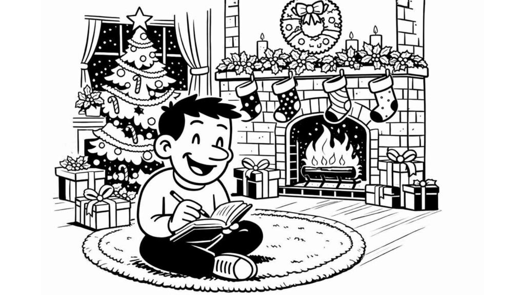 Petit personnage joyeux prenant un moment d'introspection dans une ambiance de Noël chaleureuse. Calendrier de l'Avent de développement personnel.