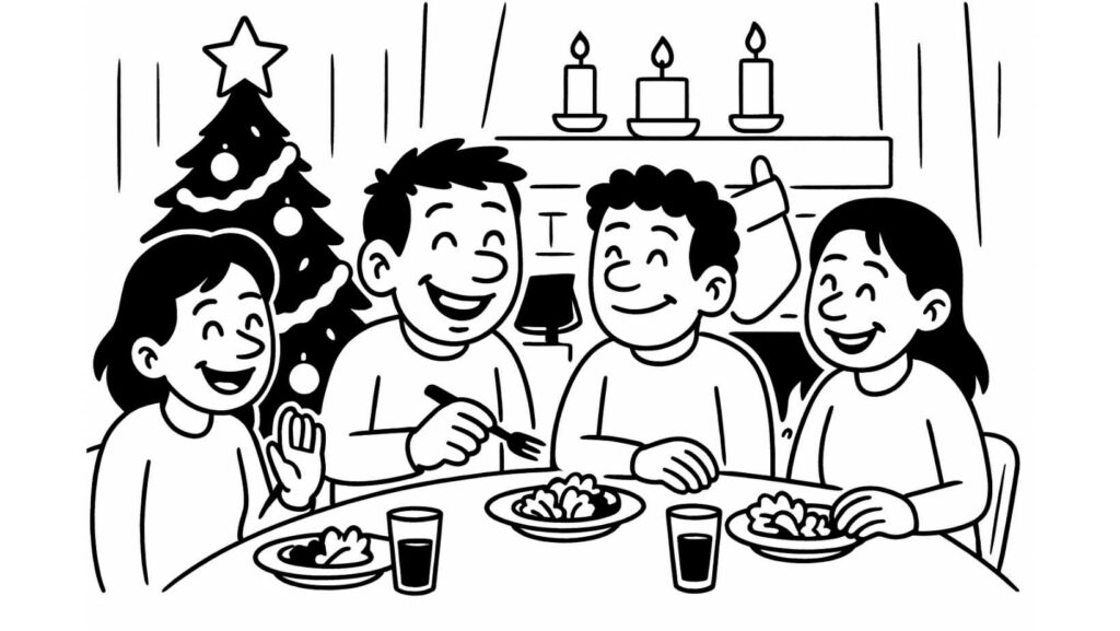 Repas chaleureux entre amis devant un sapin de Noël, illustrant une activité du calendrier de l’Avent de développement personnel axée sur la connexion et le partage