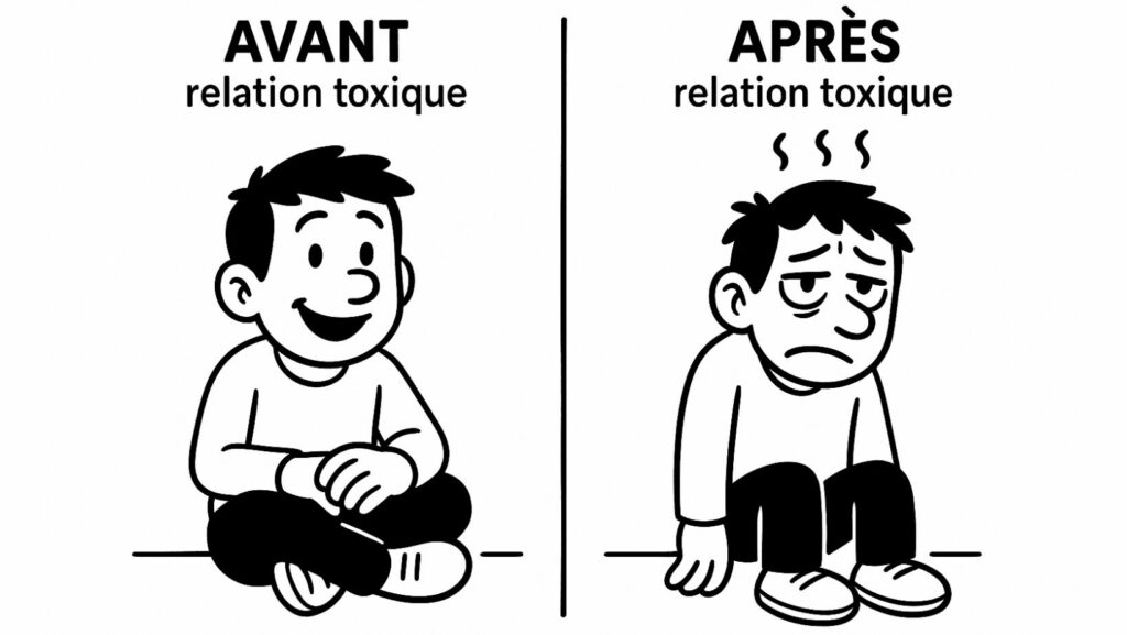 Illustration en noir et blanc montrant un personnage avant et après une relation toxique : à gauche, il est souriant et détendu ; à droite, il apparaît épuisé, vidé et abattu, symbolisant l’impact d’une relation toxique sur l’énergie et l’état émotionnel.