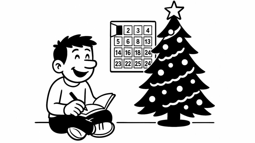Illustration en noir et blanc d’un petit personnage assis près d’un sapin de Noël, en train d’écrire dans un carnet devant un calendrier de l’Avent affichant les cases 1 à 24, dans le cadre d’un défi introspectif.