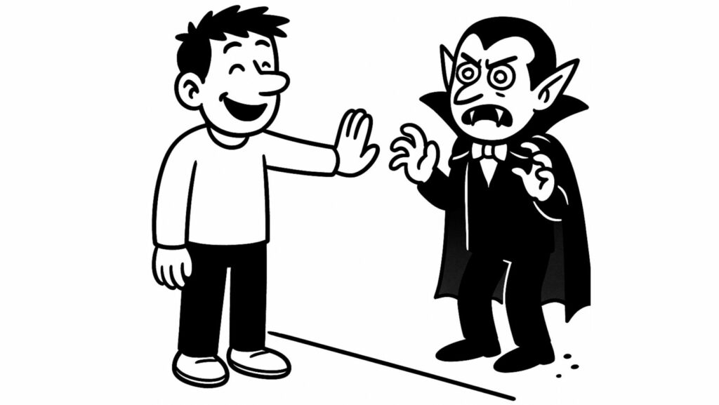 Illustration en noir et blanc d’un petit personnage posant une limite claire face à un vampire énergétique, symbolisant la mise en place de frontières saines dans une relation toxique.