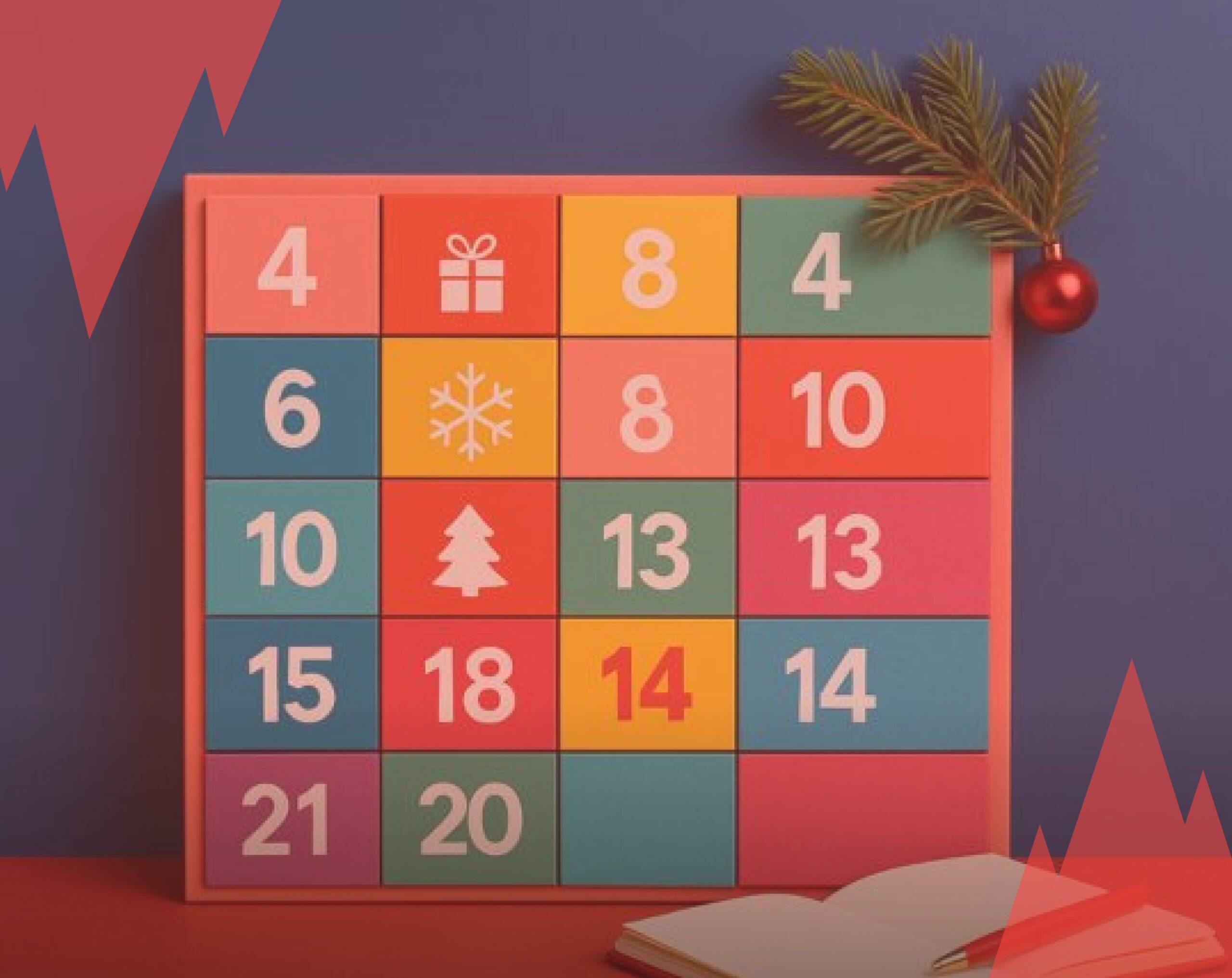 Photo d’un calendrier de l’Avent coloré posé devant un fond bleu, avec une décoration de Noël et un carnet, pour illustrer un calendrier de l’Avent de développement personnel.