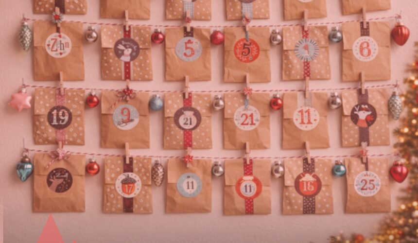 Photo d’un calendrier de l’Avent coloré posé devant un fond bleu, avec une décoration de Noël et un carnet, pour illustrer un calendrier de l’Avent de développement personnel.